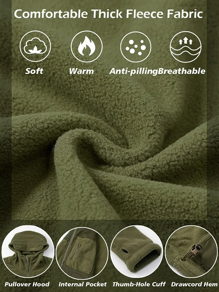 Green fleece fabric with features listed and product images below.