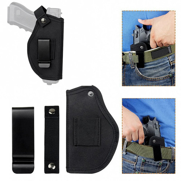 Black gun holster with belt clip, shown on a white background and worn by a person.