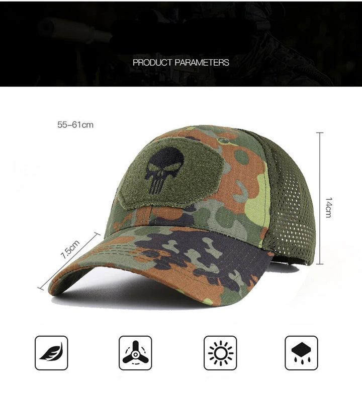 Camouflage baseball cap with Punisher symbol on a white background