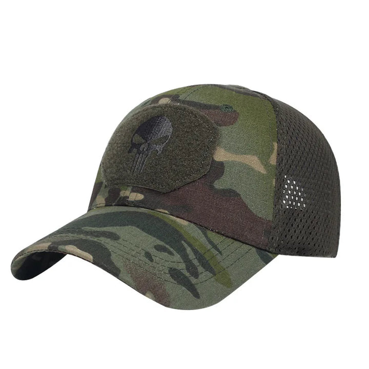 Camouflage baseball cap with a Punisher logo patch on a white background