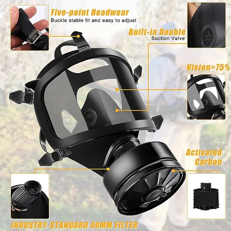 Black gas mask with features highlighted on a blurred background MF14 Type Gas Mask