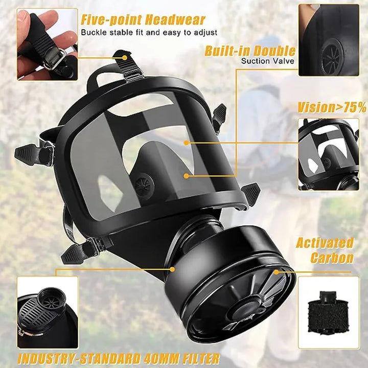 Black gas mask with features highlighted on a blurred background MF14 Type Gas Mask