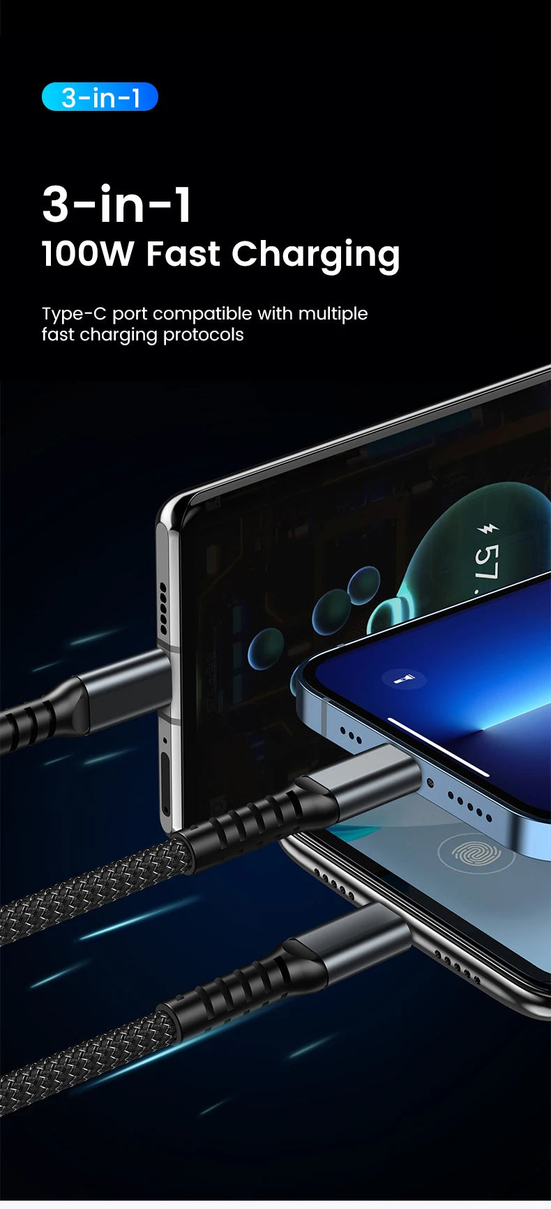 SmartGearPros SmartGearPros 3-in-1 100W Fast Charging Cable – USB C, Micro USB & Lightning with Transparent LED Chip for Samsung, iPhone, Huawei & More