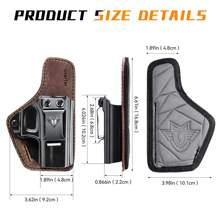 Holster with dimensions labeled on a white background