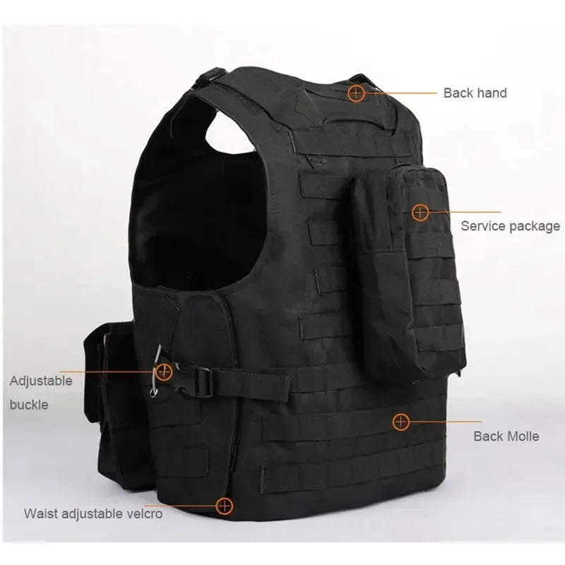 Black tactical vest with labeled features on a white background