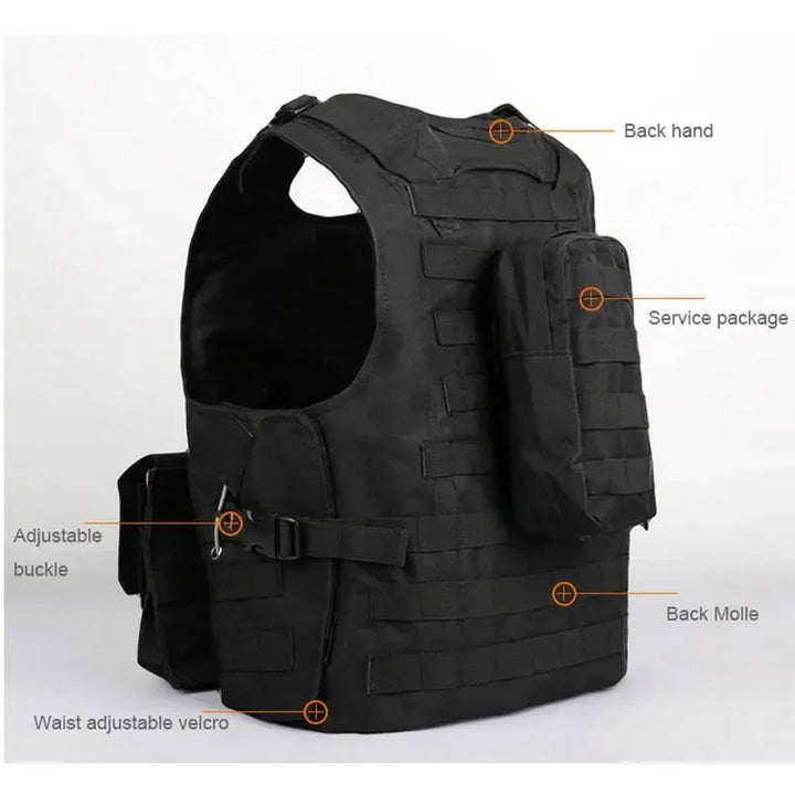 Black tactical vest with labeled features on a white background