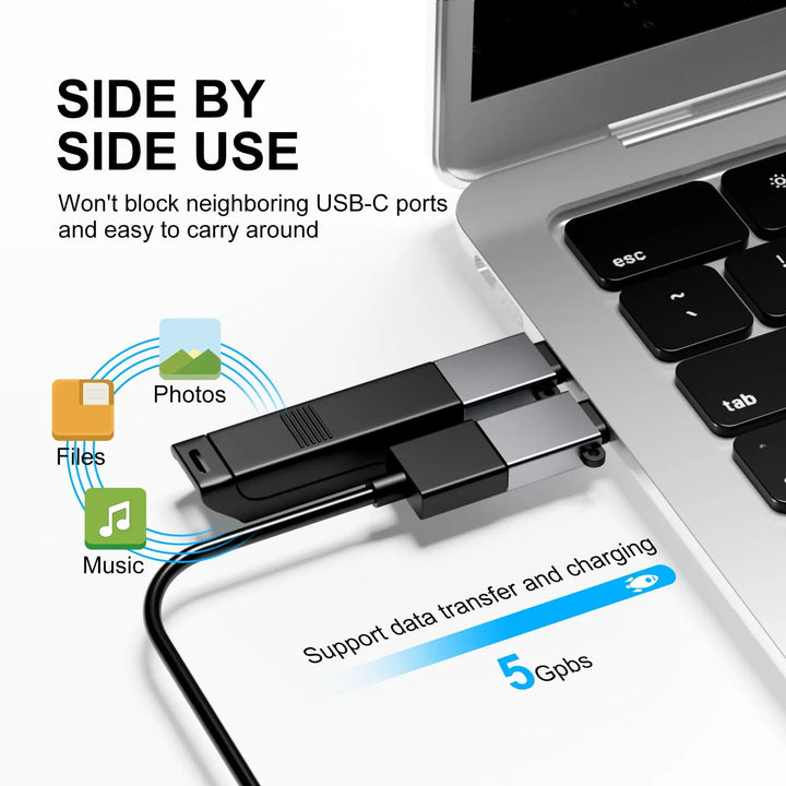 USB-C adapter connected to a laptop with text highlighting features like data transfer speed and ease of use.
