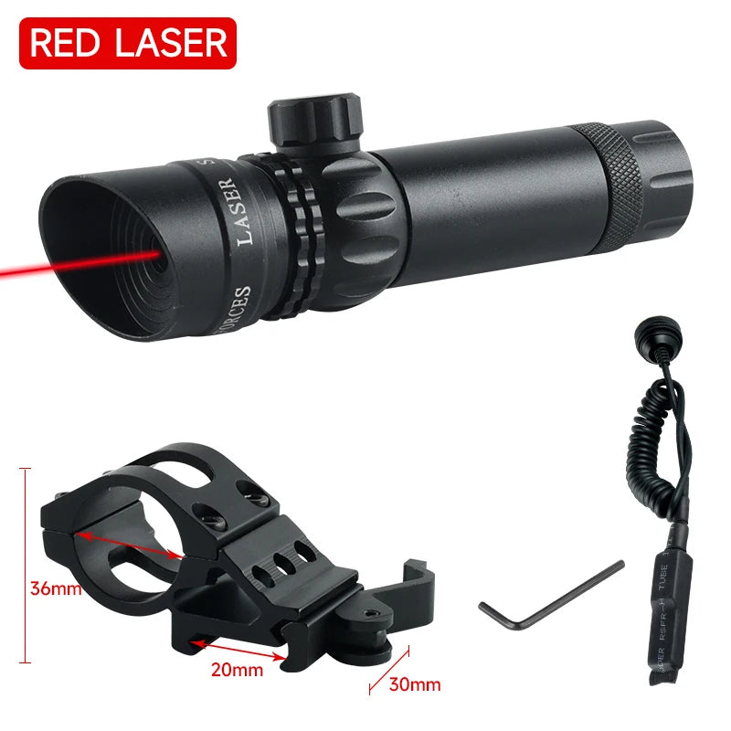 Black rifle scope with red laser and mounting bracket on a white background