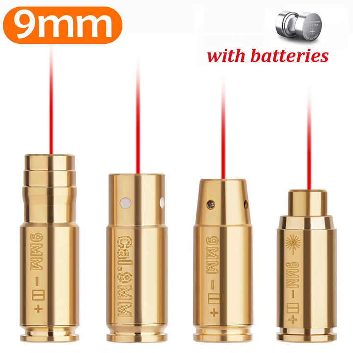 Four gold 9mm laser boresight cartridges with red lasers on a white background.