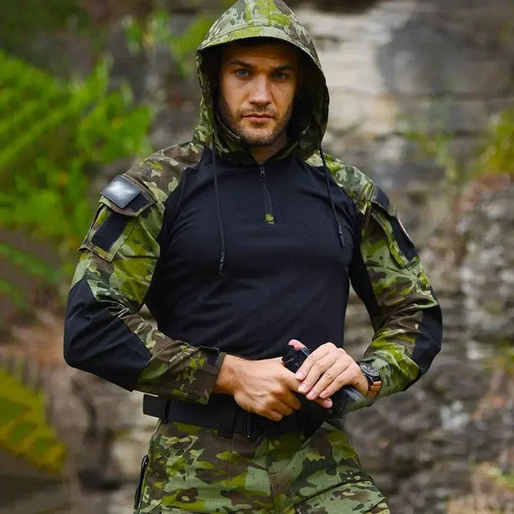 SmartGearPros Outdoor Camo Combat T-Shirt Hooded - Mens Tactical Shirt Airsoft Paintball Hunting