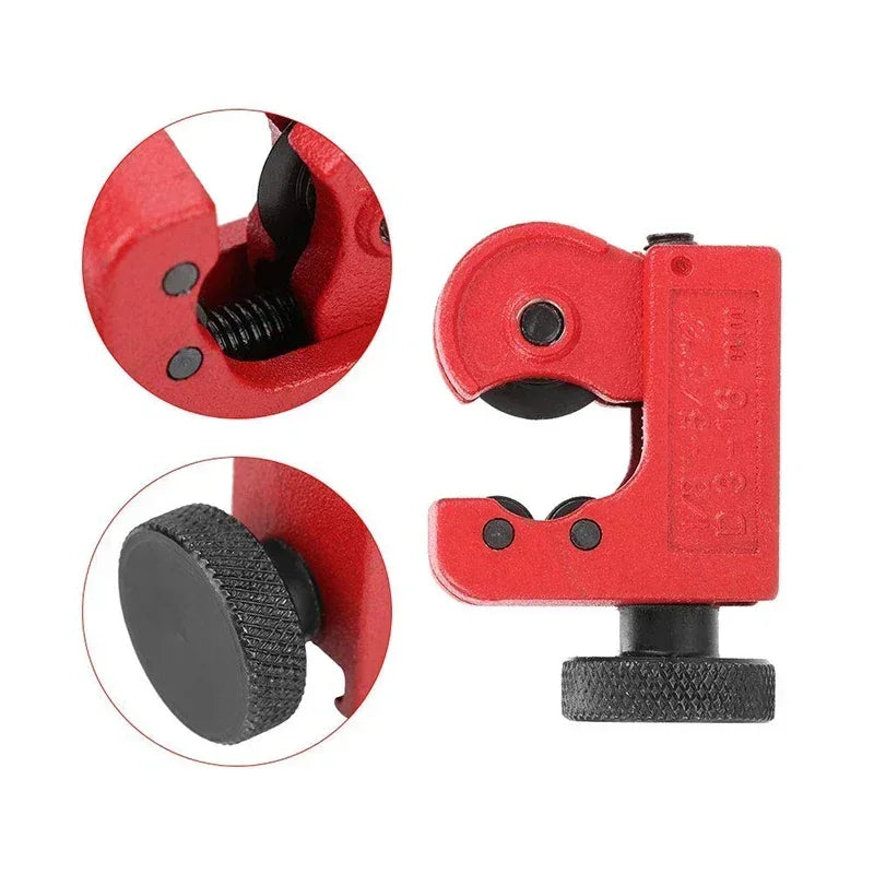 Red pipe cutter with close-up details on a white background