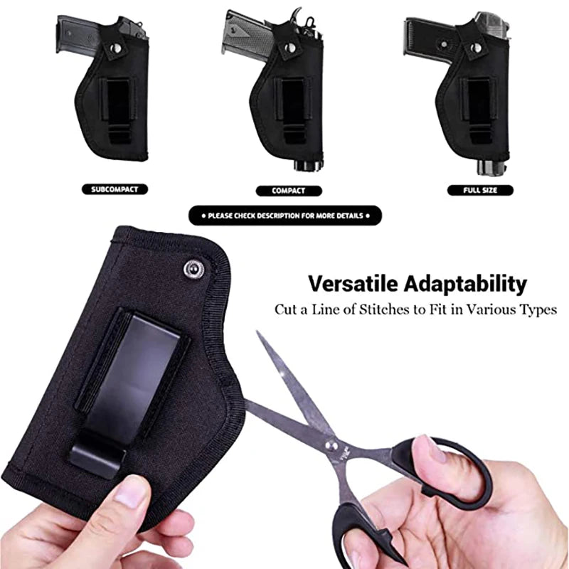 Black gun holster with various size options and a hand holding scissors.