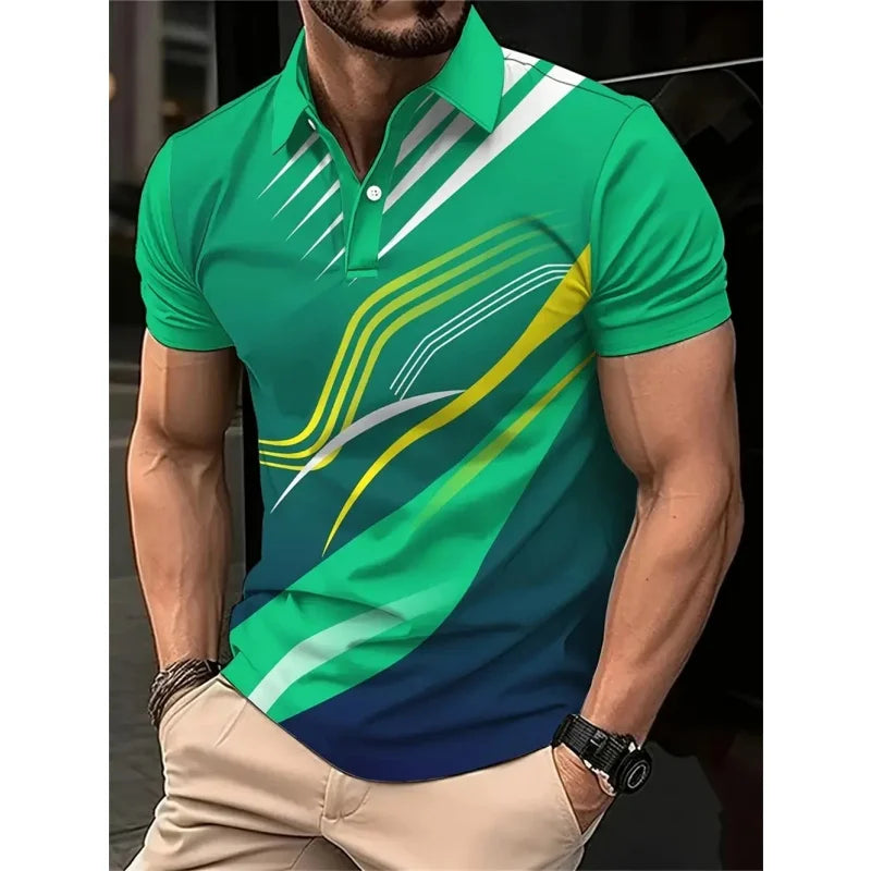 SmartGearPros 3D Printed Colorful Striped Polo Shirt – Geometric Pattern