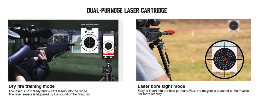 Dual-purpose laser cartridge for firearms with dry fire training and laser bore sight modes.