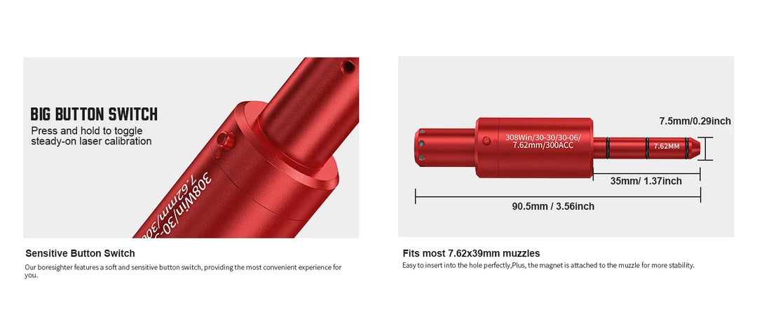 Red gun component with specifications on a white background