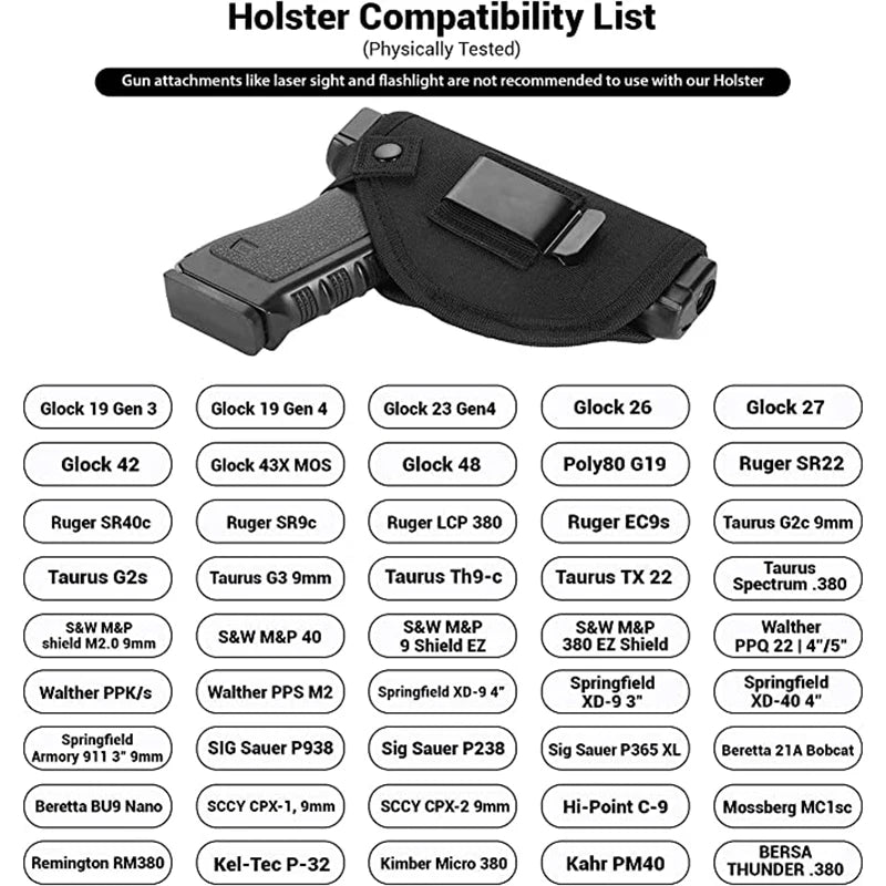 Holster compatibility list with various gun models on a white background