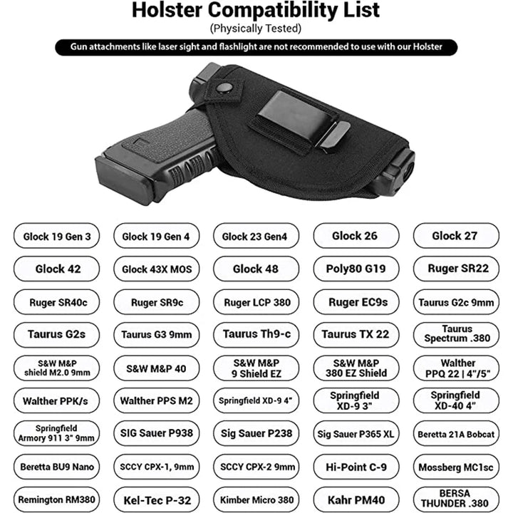 Holster compatibility list with various gun models on a white background