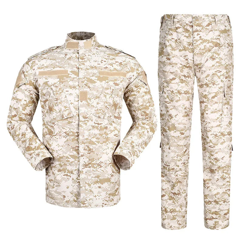 Camouflage military uniform with shirt and pants on a white background
