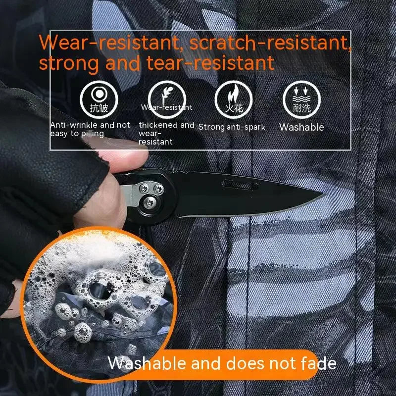 Knife held by a person with text highlighting its wear-resistant, scratch-resistant, strong, and tear-resistant properties on a camouflage background.