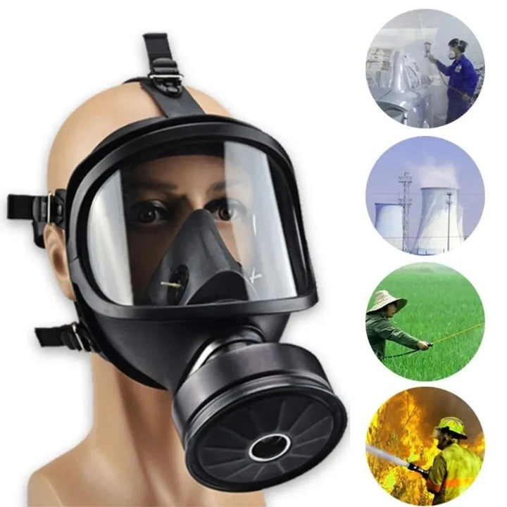 Black full-face mask on a mannequin head with icons around it.MF14 Type Gas Mask 
