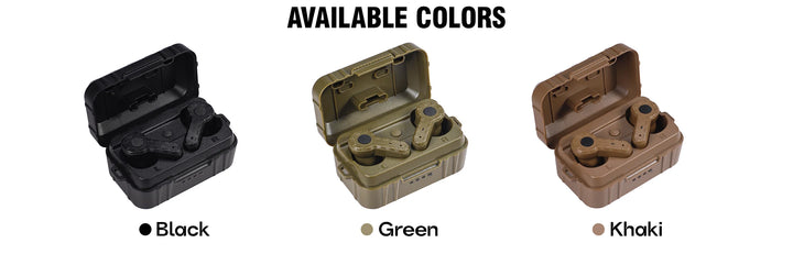 Three earbud cases in black, green, and khaki with color labels on a white background.