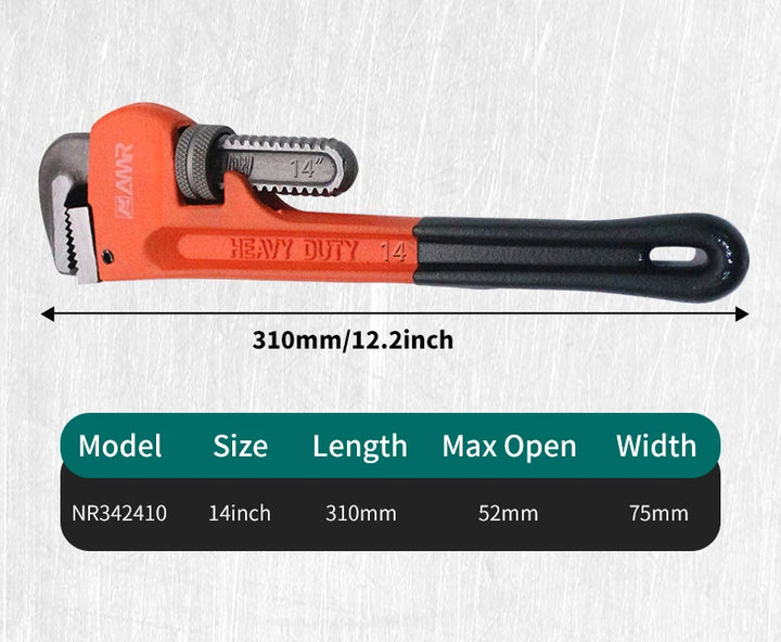 Orange pipe wrench with measurements on a white background