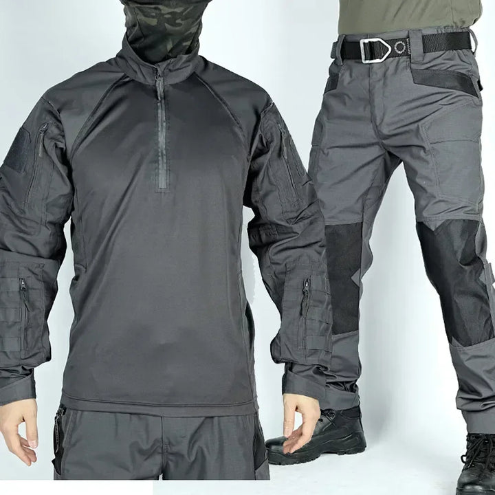 Tactical outfit with jacket, pants, and boots on a white background