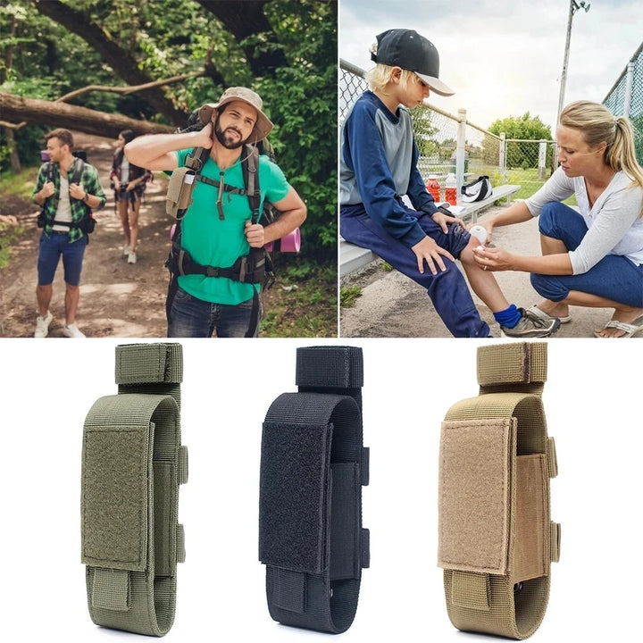 Collage of people outdoors with a focus on tactical pouches in green, black, and brown.