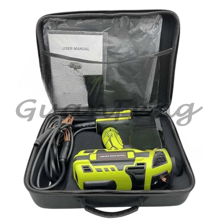 Green power tool in a black carrying case with a user manual