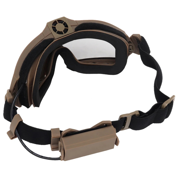 Tactical goggles with a strap and battery pack on a white background