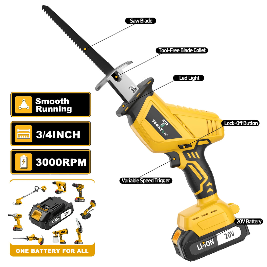Yellow and black reciprocating saw with labeled features on a white background