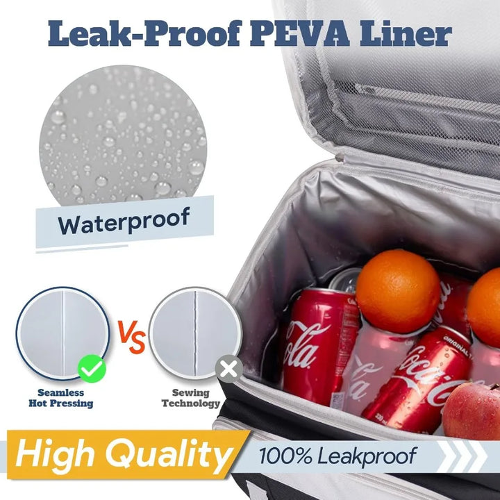 Insulated cooler bag with Coca-Cola cans and oranges, highlighting leak-proof PEVA liner.