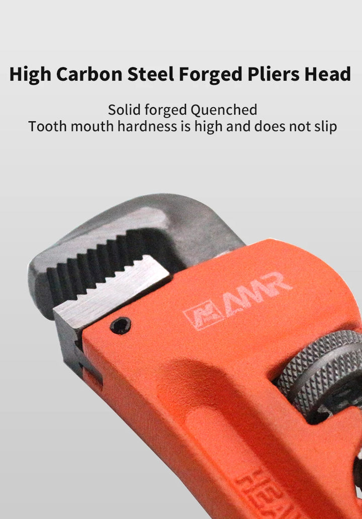 Pipe wrench with orange handle and black metal head on a gray background, featuring the brand 'MWR'.