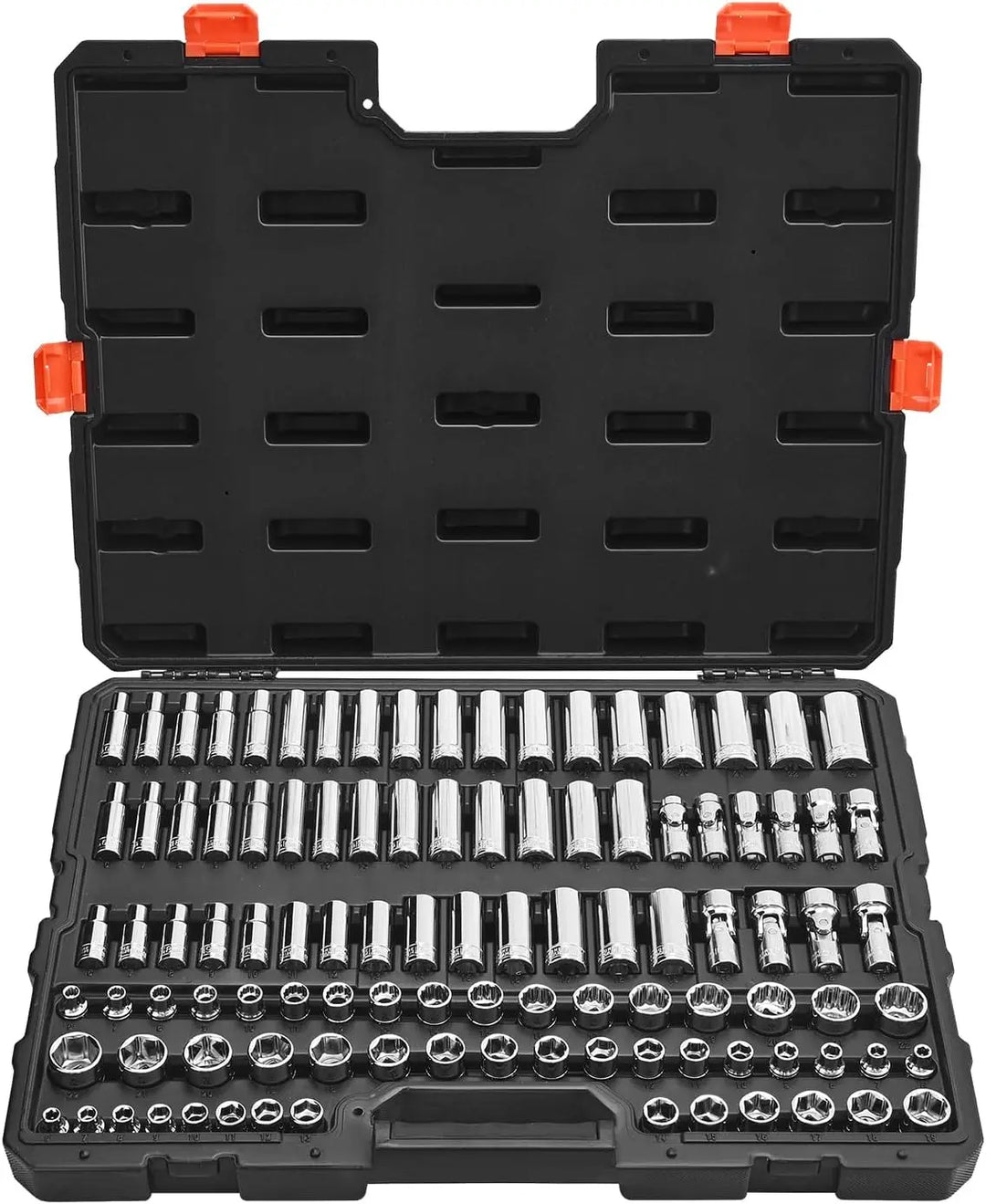 Socket set in an open black tool case with red corners on a white background