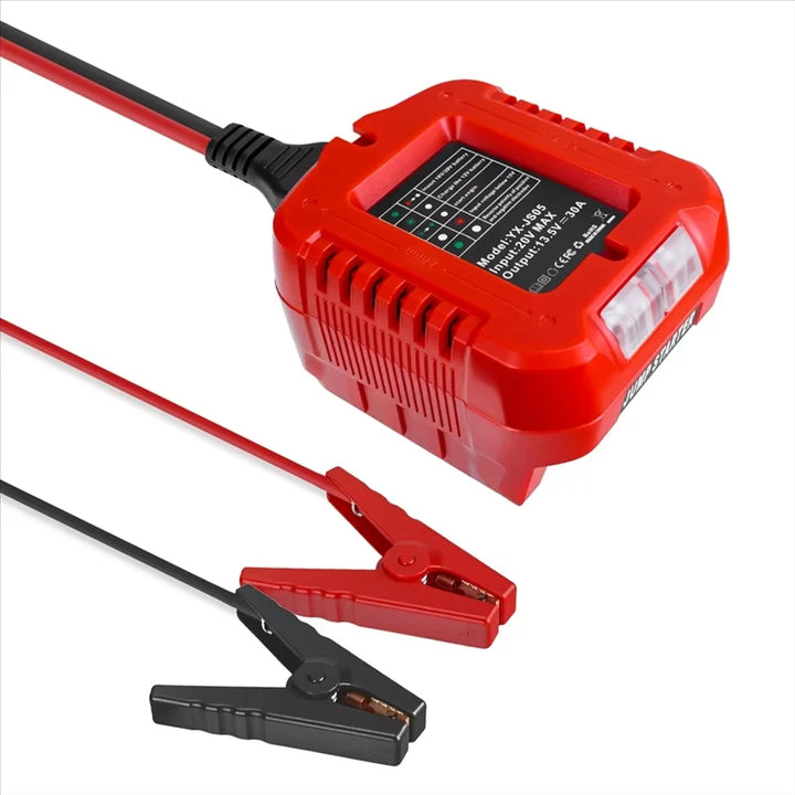 Red battery charger with clamps on a white background