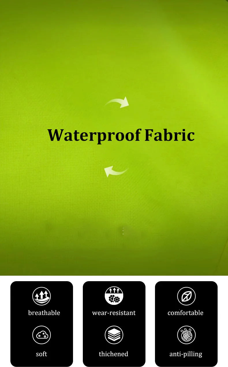 Green background with text 'Waterproof Fabric' and icons indicating fabric properties.