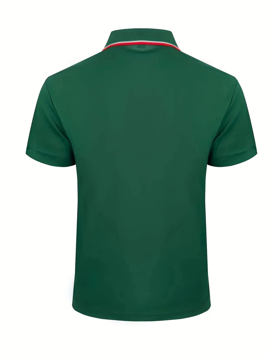 Back view of the SmartGearPros breathable polyester polo shirt in solid green with a button collar.