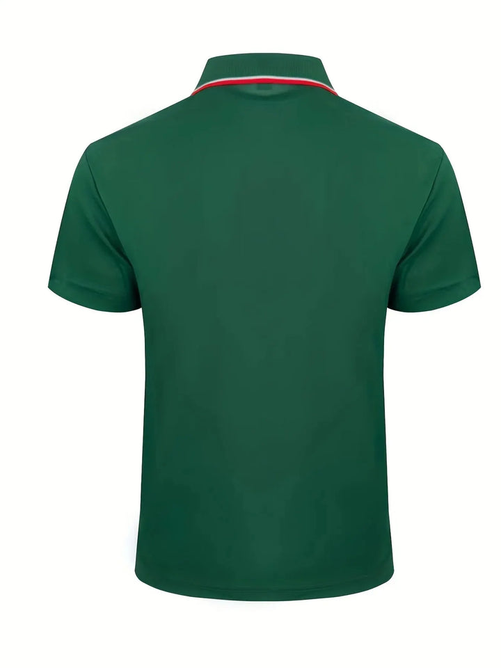 Back view of the SmartGearPros breathable polyester polo shirt in solid green with a button collar.