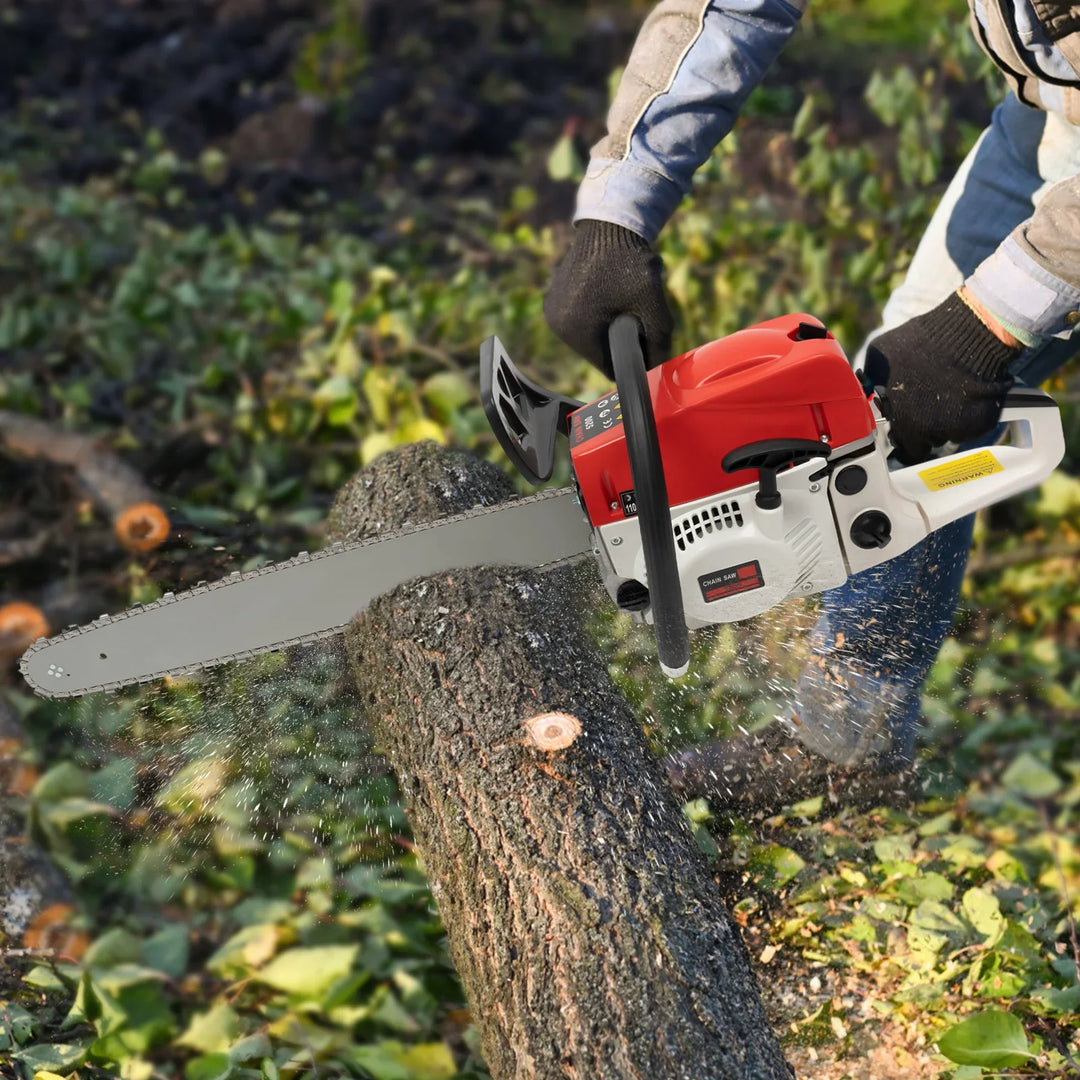 22 Inch 52Cc Gasoline Chainsaw Single Cylinder Air Cooled 2 Stroke Chainsaw Cutting Wood Gas Sawing 7500Rpm For Cutting Wood product image showing features or usage