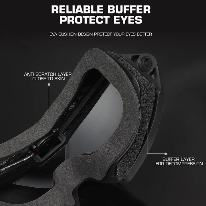 Black protective eyewear with text highlighting features on a dark background