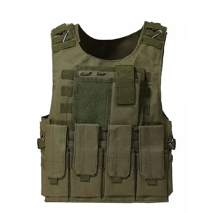 Green tactical vest with multiple pockets on a white background