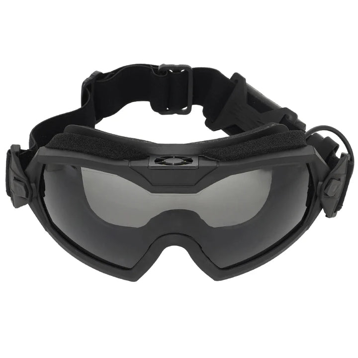 Black goggles with a clear lens on a white background