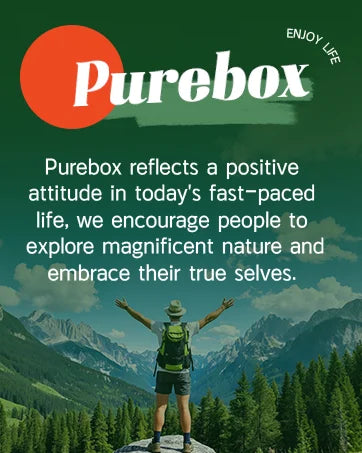 Person with arms outstretched in a mountainous landscape with 'Purebox' branding and text.