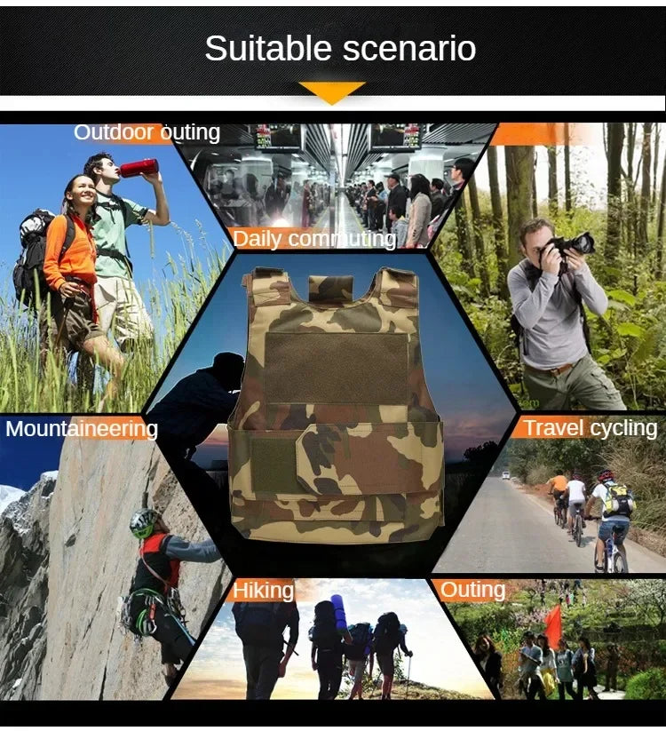 Camouflage backpack displayed with scenarios including outdoor activities.