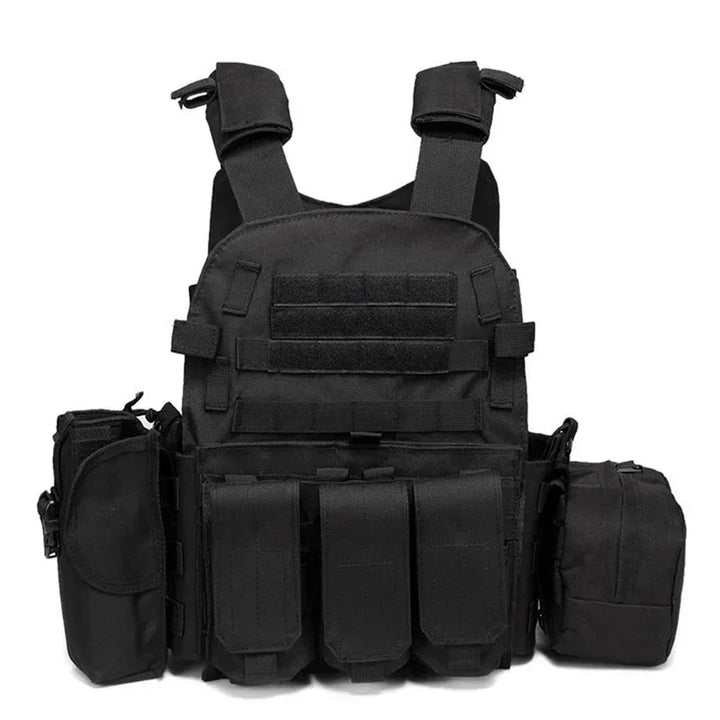 Black tactical vest with multiple pouches on a white background