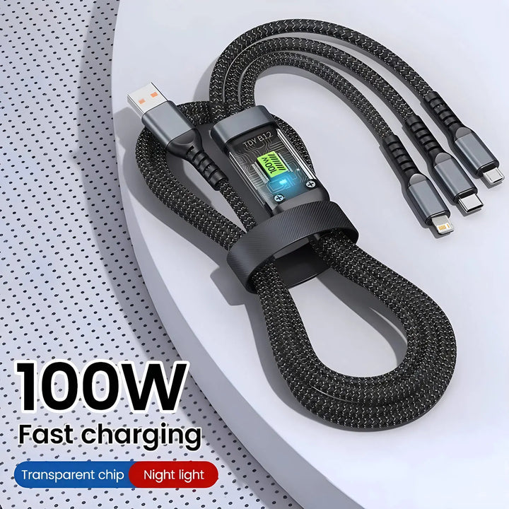 SmartGearPros OmniCharge 100W Cable – 3-in-1 Multi Charging Cord with USB-C, Lightning & Micro
