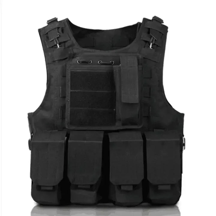 Black tactical vest with multiple pockets and straps on a white background