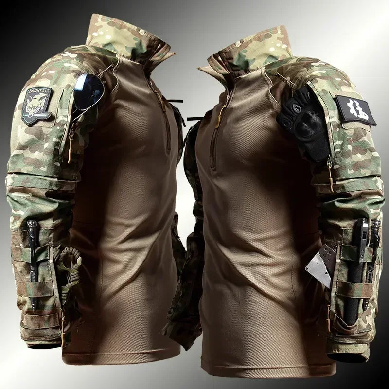 Camouflage tactical jacket with visible branding on a gradient background