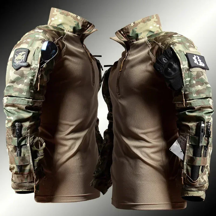 Camouflage tactical jacket with visible branding on a gradient background