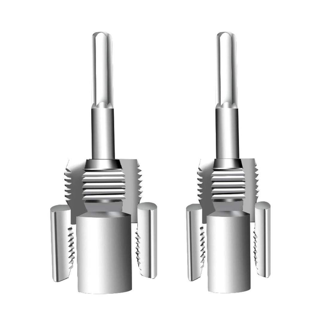 Two metallic drill bits on a white background